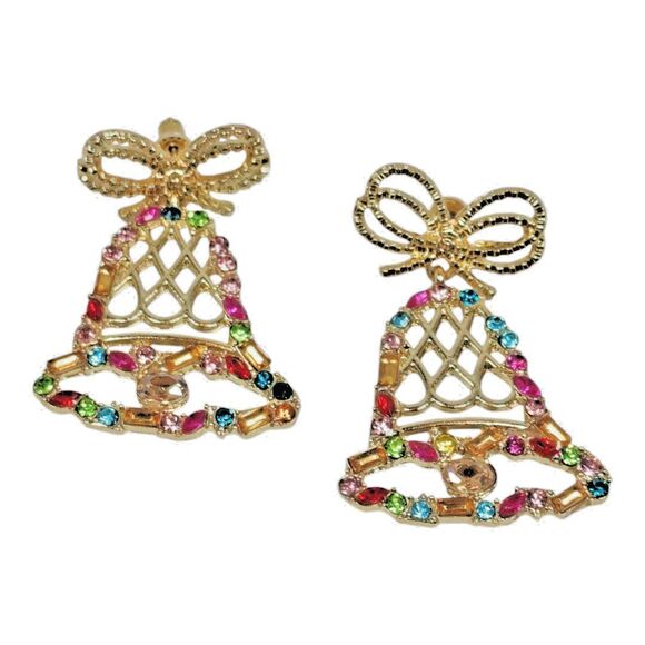 Isles & Stars Christmas Bell Drop Earrings Gold Tone Metal Plastic Rhinestones - Picture 2 of 16